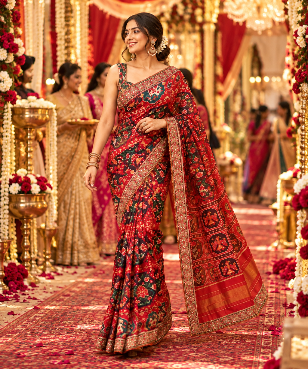 Chiffon Silk Mirror Work Saree With Unstitched Blouse(Red)