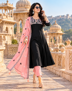 Roman Silk Embroidery Work Anarkali Kurti Pant Set With Dupatta(Black)