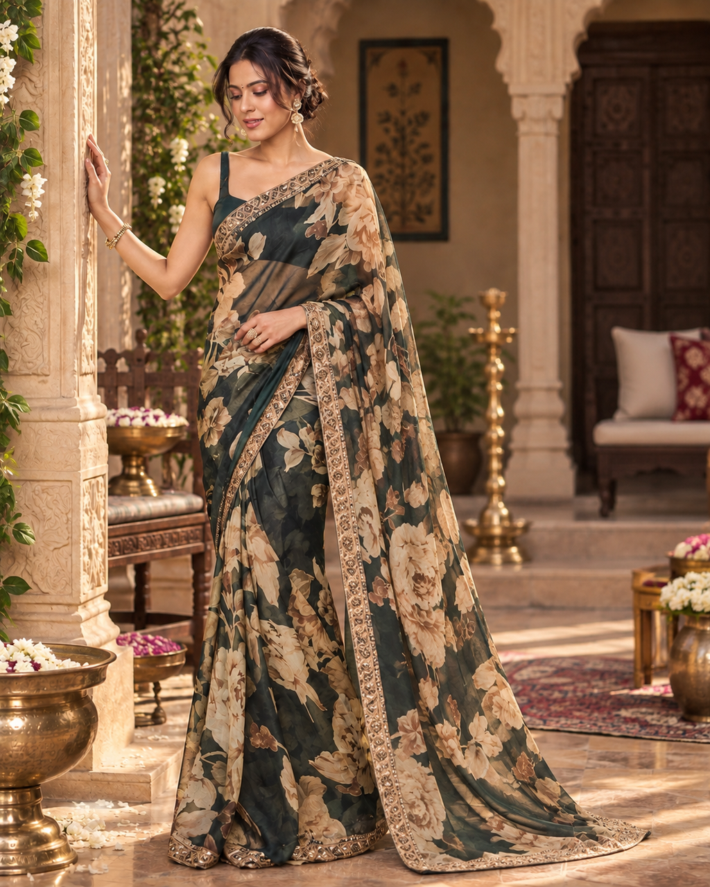 Georgette Printed Embroidery Work Digital Print Saree With Unstitched Blouse(Green)