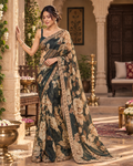 Georgette Printed Embroidery Work Digital Print Saree With Unstitched Blouse(Green)