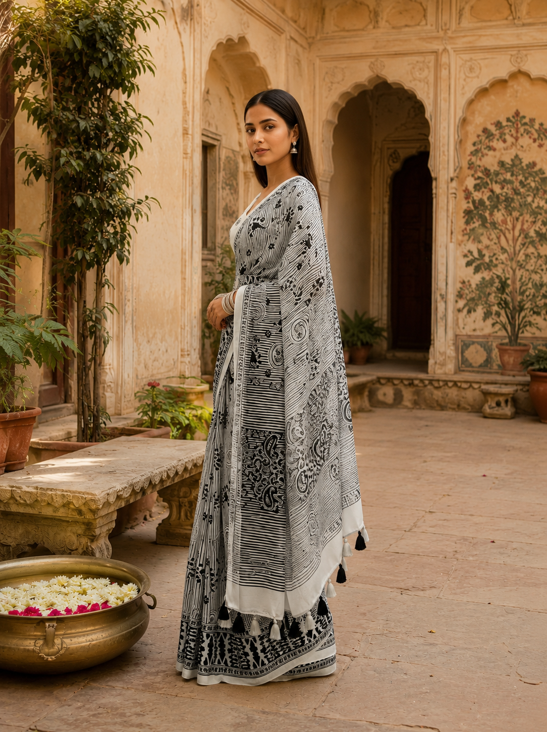Mulberry Ikat Silk Printed Saree With Unstitched Blouse(Grey)