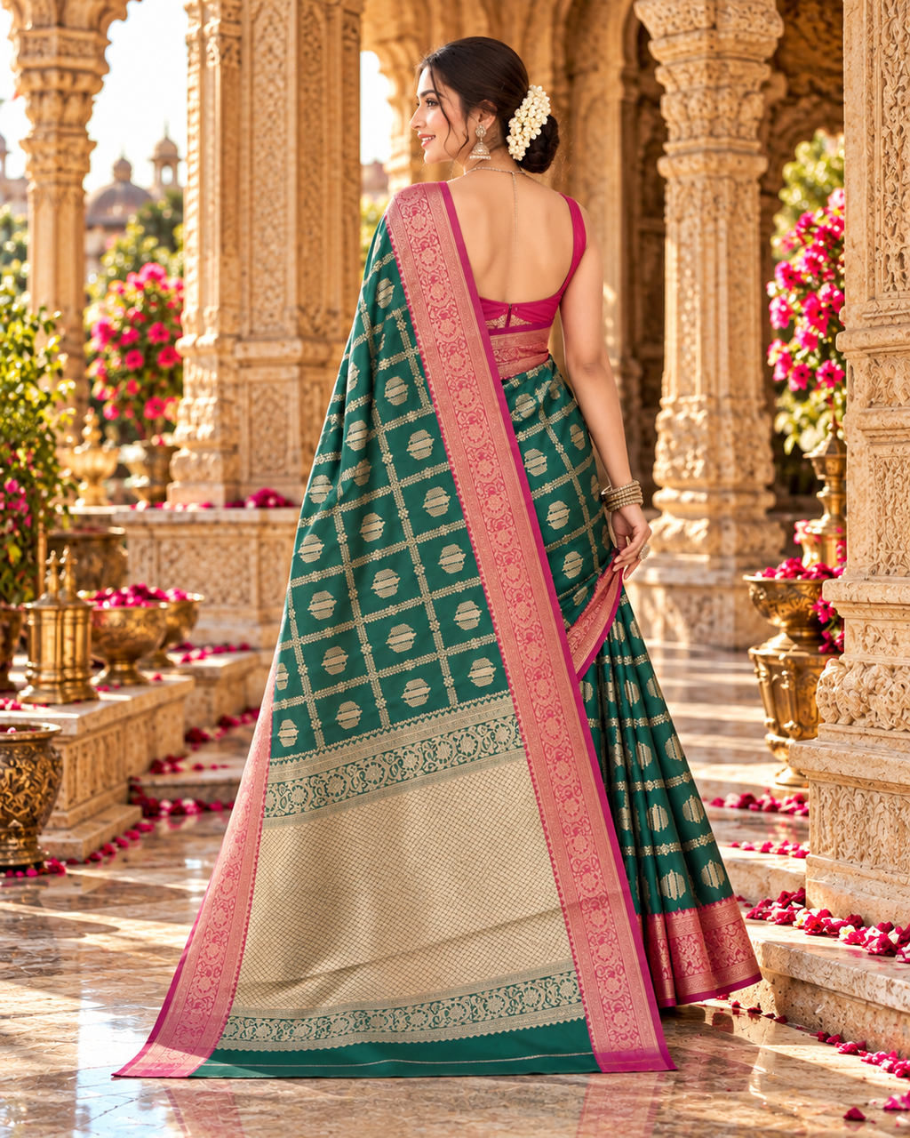 Banarasi Silk Saree Golder Zari Border With Unstitched Blouse(Green)
