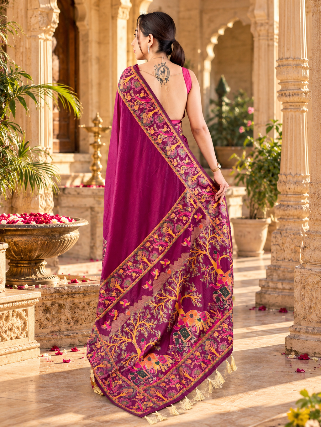 Premium Pashmina Kashmiri Meenakari Weaves Tassels Saree(Wine)