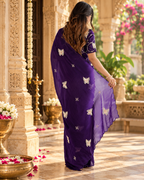 Satin Silk Embroidery Work Saree With Unstitched Blouse(Violet)