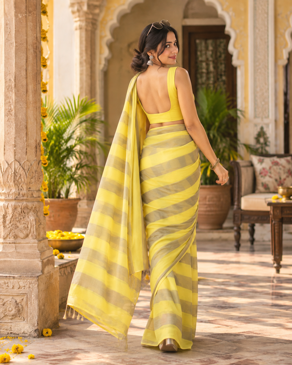 Cotton Digital Printed Saree With Unstitched Blouse(Yellow)