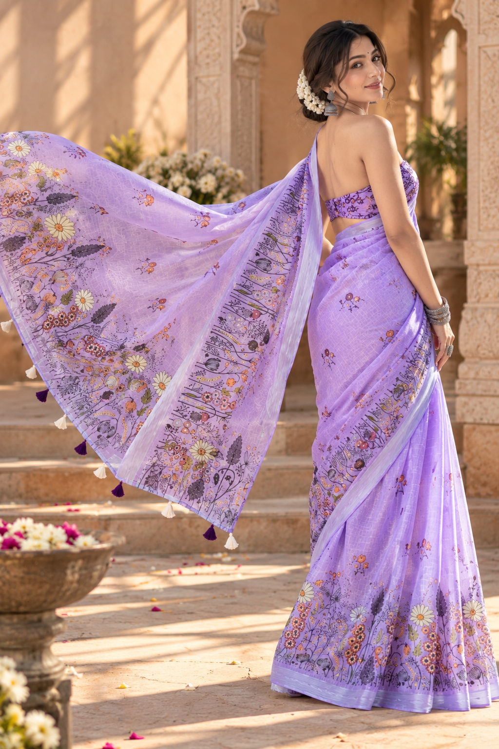 Linen Silver Zari Border Fumka Latakan Saree With Zari Border Unstitched Blouse (Lavender)