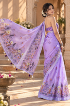 Linen Silver Zari Border Fumka Latakan Saree With Zari Border Unstitched Blouse (Lavender)