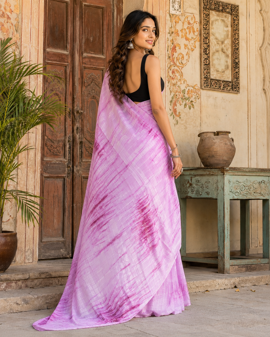 Georgette Sibori Print Saree With Unstitched Blouse(Lavender)
