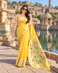 Premium Paithani Silk Tissue Mina Butti Jari Pallu Saree With Unstitched Blouse (Yellow)