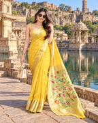 Premium Paithani Silk Tissue Mina Butti Jari Pallu Saree With Unstitched Blouse (Yellow)