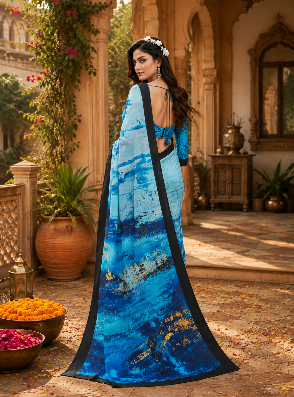 Soft Crepe Silk Digital Print Saree With Unstitched Blouse(Sky Blue)