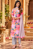 Chanderi Cotton Kurti Pant Set With Dupatta(Pink)