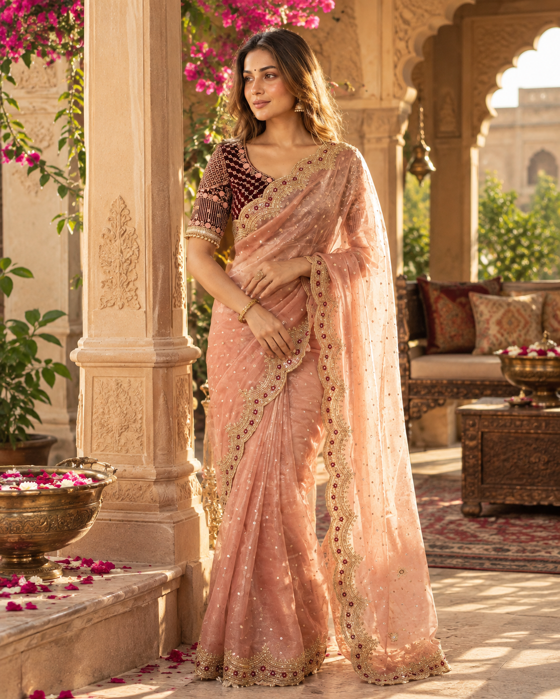Zari Silk Sequins Work Saree With Unstitched Blouse(Peach)