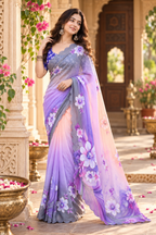 Georgette Digital Print Saree With Unstitched Blouse(Purple)