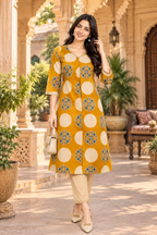 Cotton Printed Kurti Pant Two Piece Set(Yellow)