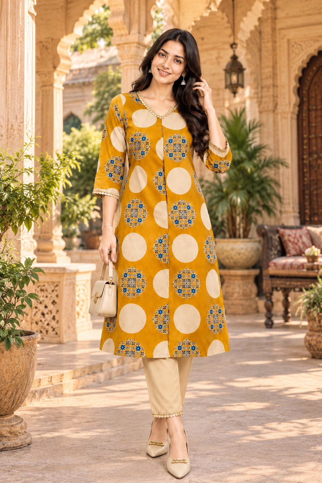 Cotton Printed Kurti Pant Two Piece Set(Yellow)