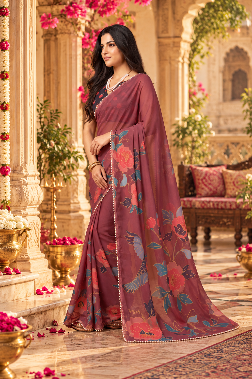 Premium Georgette Digital Print Moti Lace Work Saree With Unstitched Blouse(Brown)