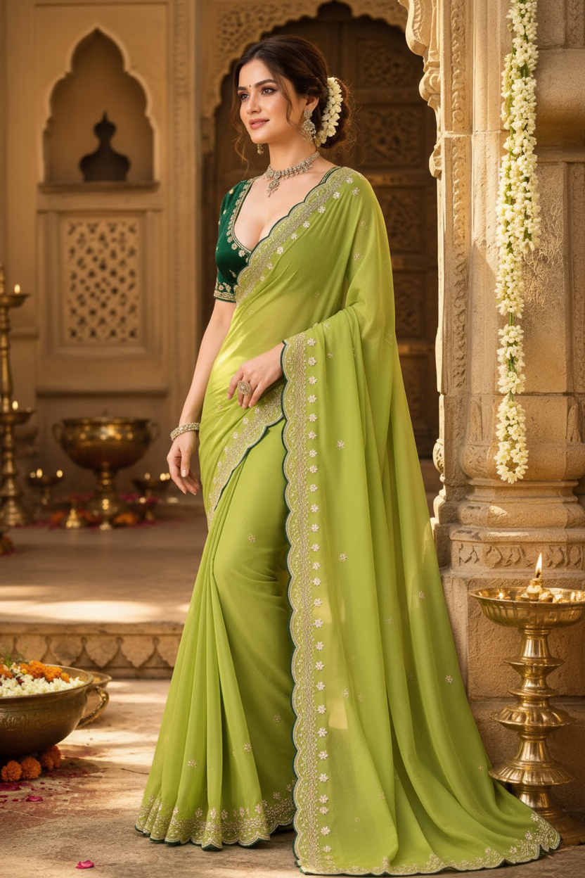 Georgette Border Embroidery Work Designer Saree With Unstitched Blouse(Green)