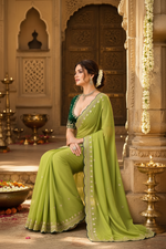 Load image into Gallery viewer, Georgette Border Embroidery Work Designer Saree With Unstitched Blouse(Green)

