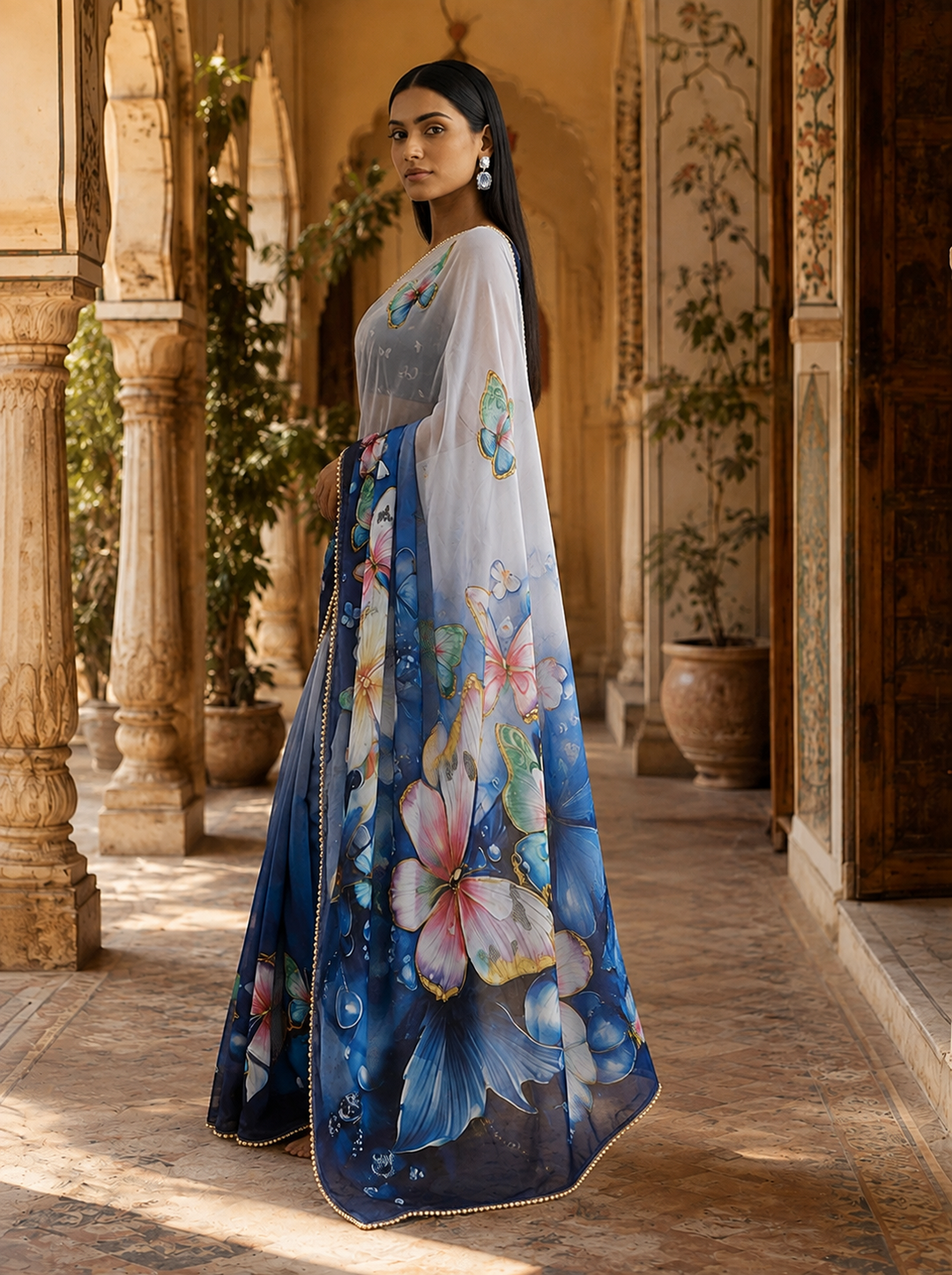 Georgette Printed Saree With Unstitched Blouse(Sea Blue)