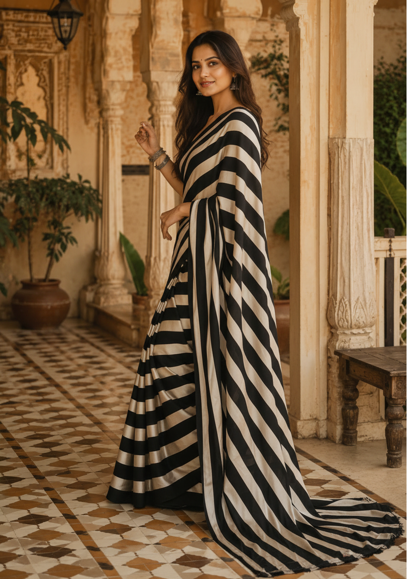 Pure Silk Ajrakh Print Saree With Unstitched Blouse(Black)