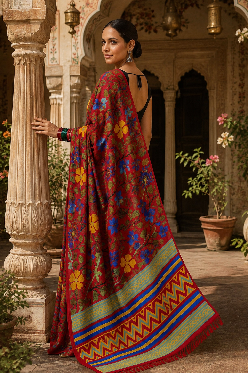 Georgette Printed Saree With Unstitched Blouse(Red)