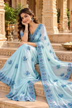 Crush Silk Embroidery Work Saree With Unstitched Blouse(Sky)