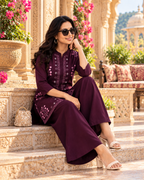 Pure Cotton Embroidery Work Kurti Pant Two Piece Set(Wine)