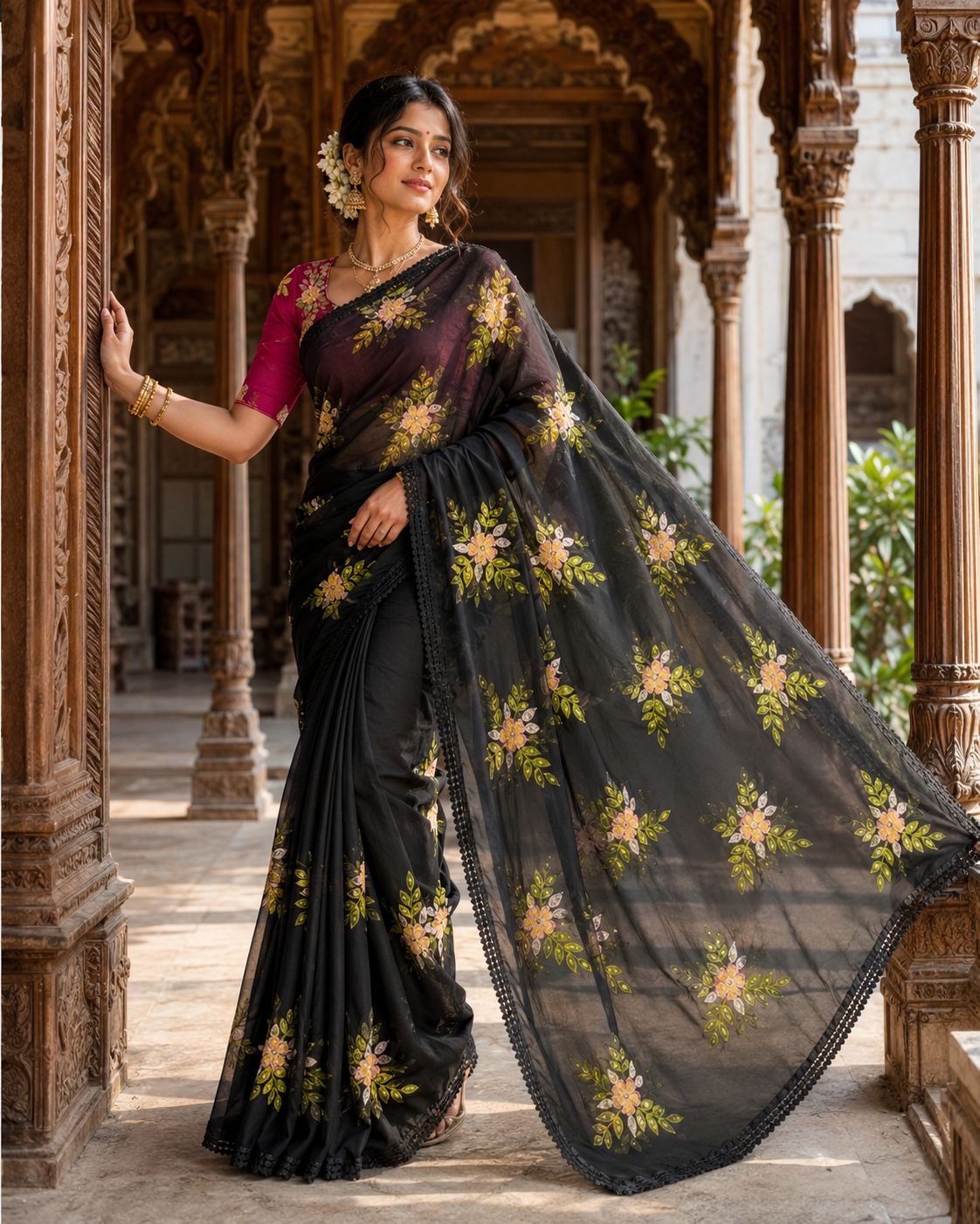 Rangoli Silk Party Wear Saree With Unstitched Blouse(Black)