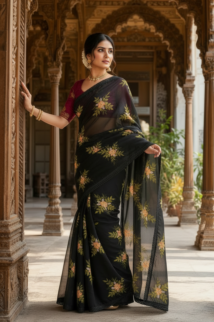 Rangoli Silk Party Wear Saree With Unstitched Blouse(Black)