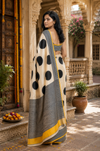 Satin Silk Printed Saree With Unstitched Blouse(Cream)