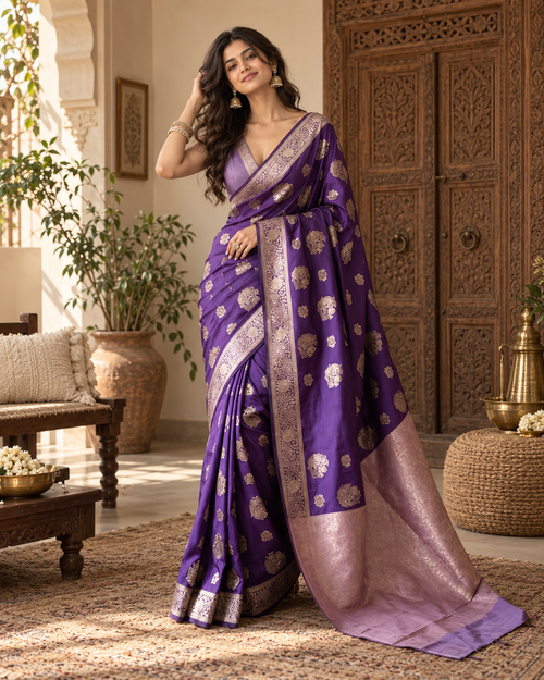 Banarasi Silk Saree With Unstitched Blouse(Violet)