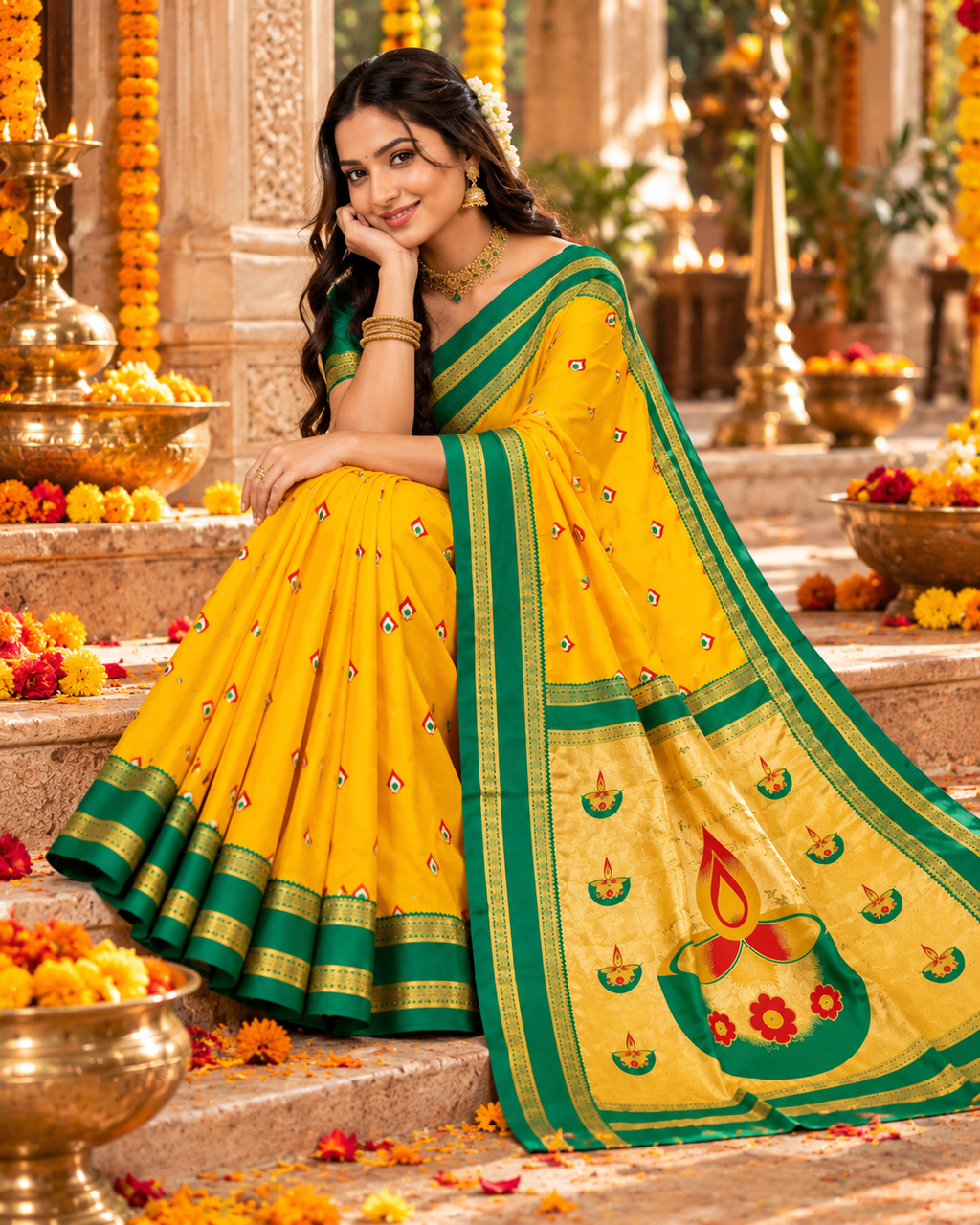 Banarasi Soft Silk Zari Border Saree With Unstitched Blouse(Yellow)