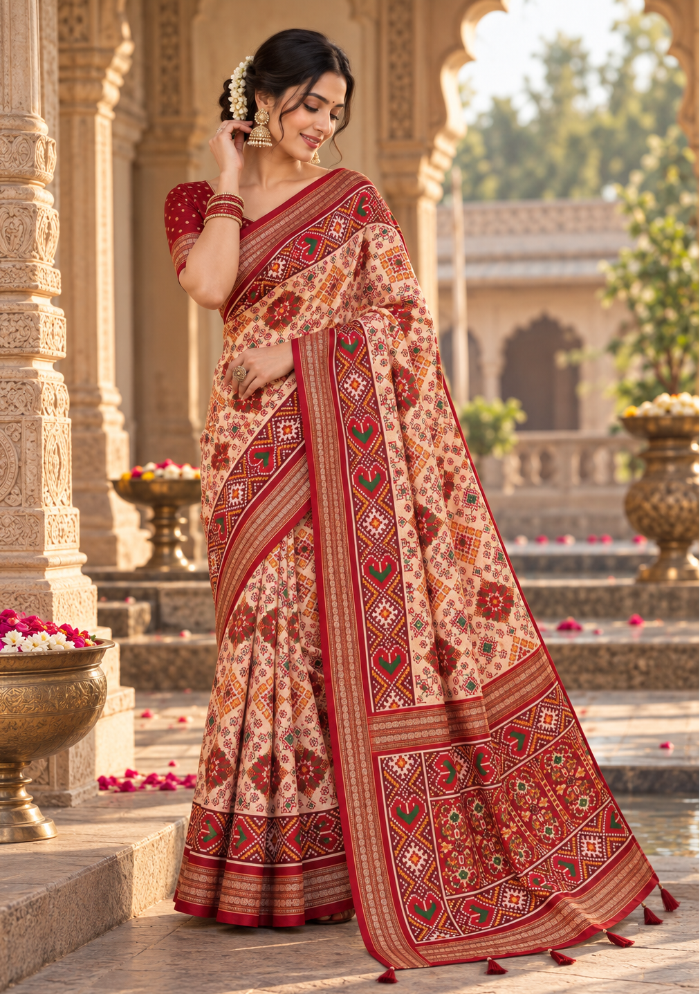 Premium Ashika Handloom Silk Patola Lagadi Patta Zari Border Tassels Saree (Cream)