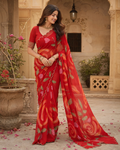 Blooming Georgette Floral Print Saree With Unstitched Blouse(Red)