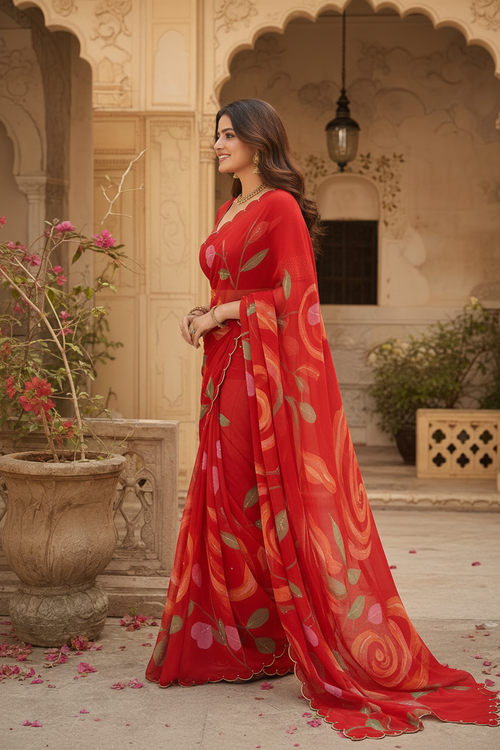 Blooming Georgette Floral Print Saree With Unstitched Blouse(Red)