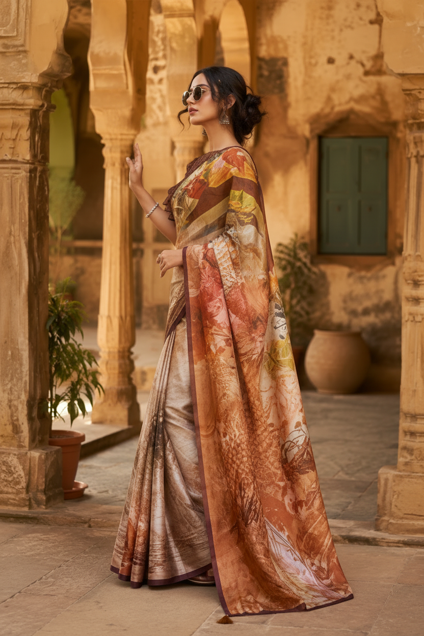 Swiss Satin Silk Digital Printed Saree With Unstitched Blouse(Multicolor)