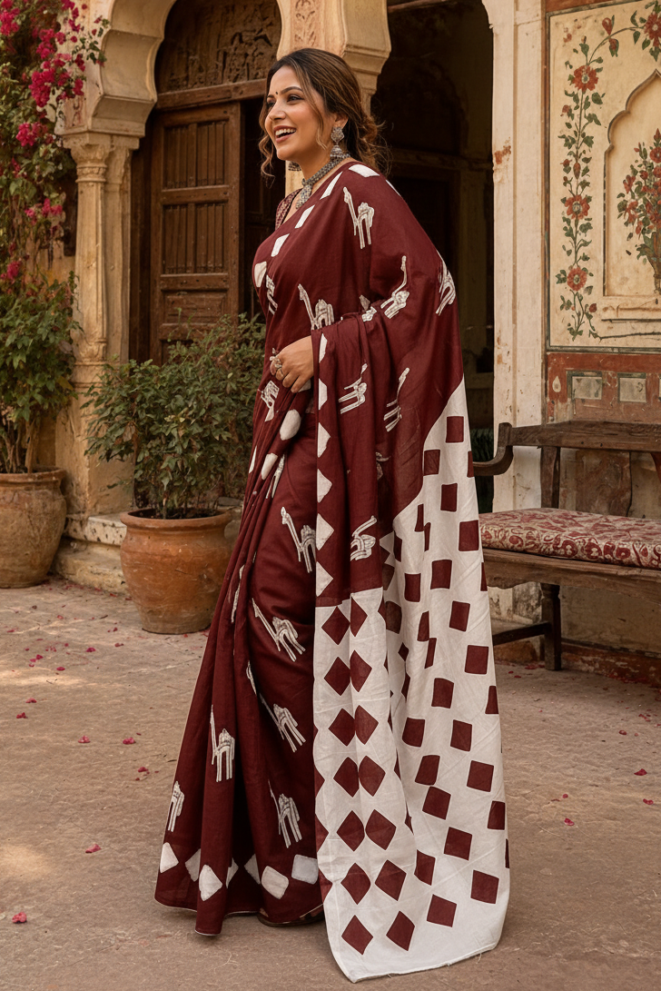 Soft Pure Cotton Printed Saree With Unstitched Blouse(Coffee)