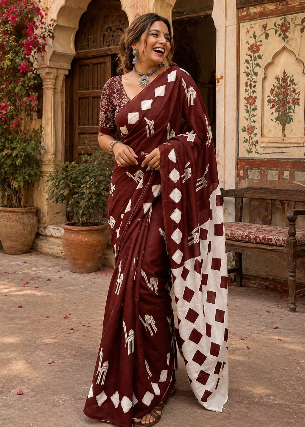 Soft Pure Cotton Printed Saree With Unstitched Blouse(Coffee)