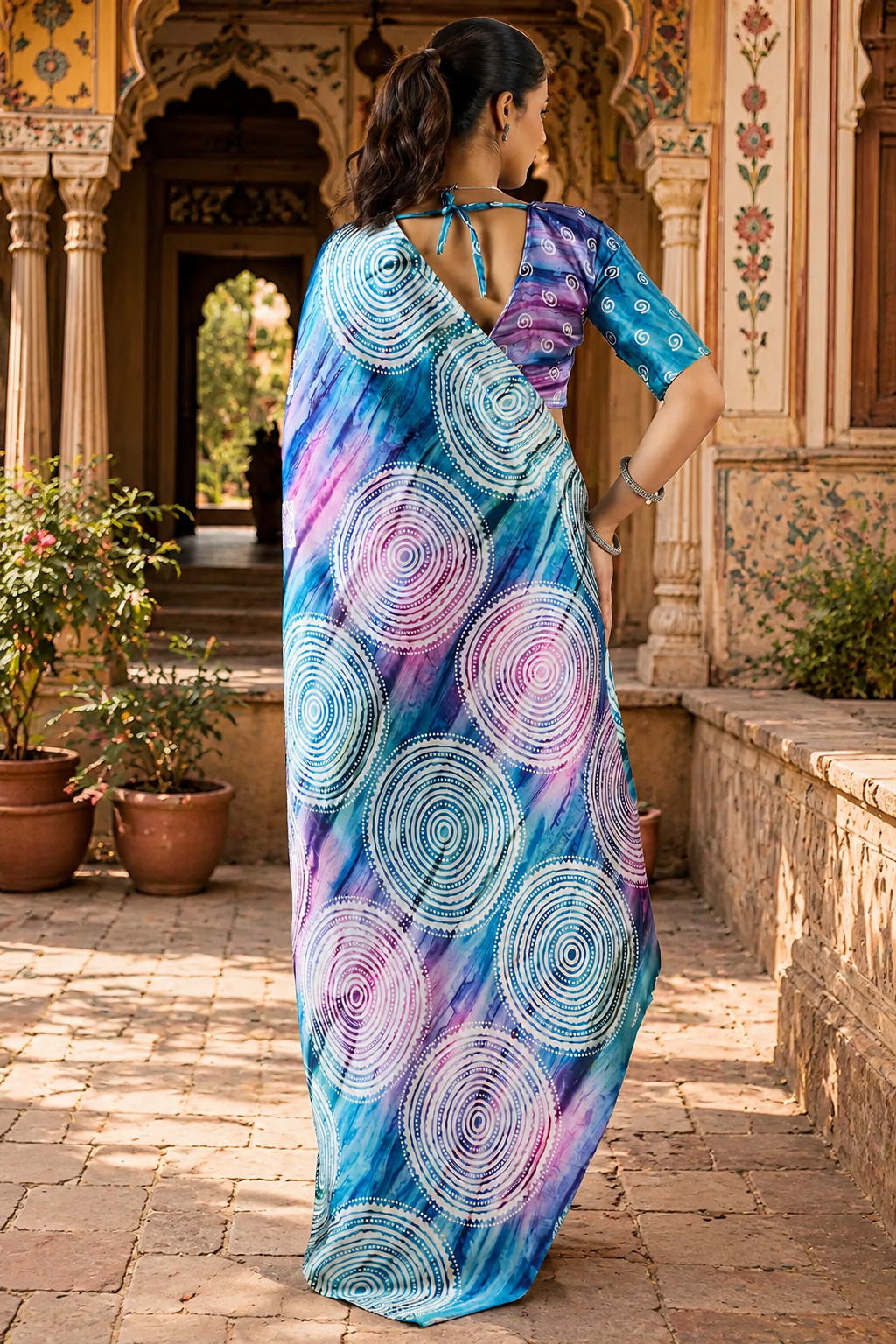 Satin Silk Ajrakh Printed Saree With Unstitched Blouse(SkyBlue)