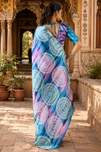 Satin Silk Ajrakh Printed Saree With Unstitched Blouse(SkyBlue)