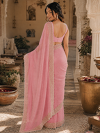 Soft Space Silk Diamond Lace Border Saree With Unstitched Blouse(Pink)