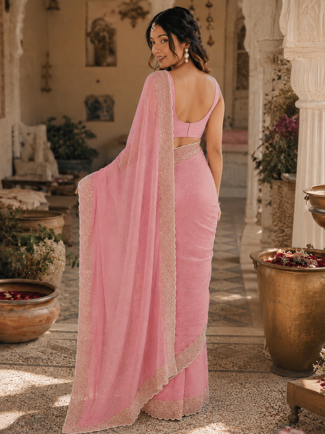 Soft Space Silk Diamond Lace Border Saree With Unstitched Blouse(Pink)