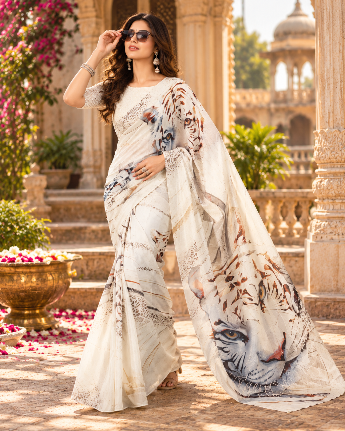 Premium Satin Silk Digital Print Saree With Unstitched Blouse(White)