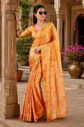 Satin Silk Ajrakh Printed Saree With Unstitched Blouse(Mustard)