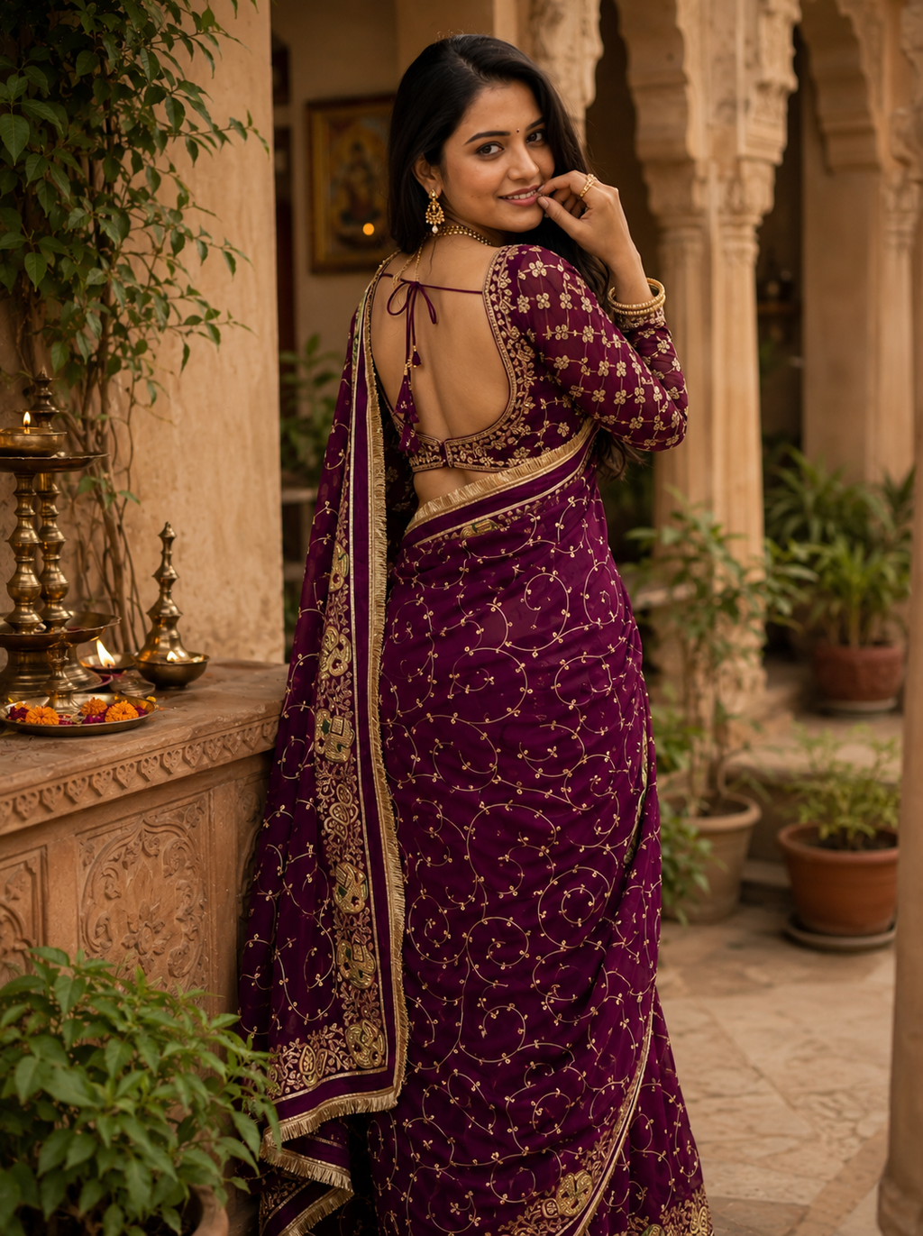 Georgette Sequins Work Saree With Unstitched Blouse(Wine)