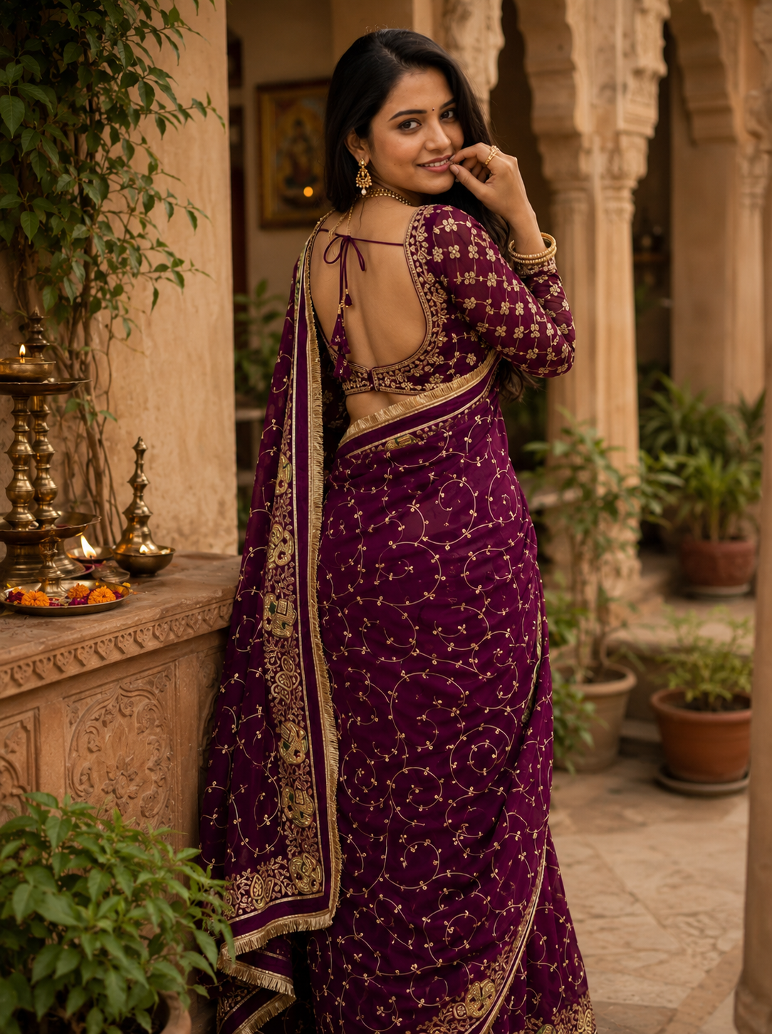 Georgette Sequins Work Saree With Unstitched Blouse(Wine)