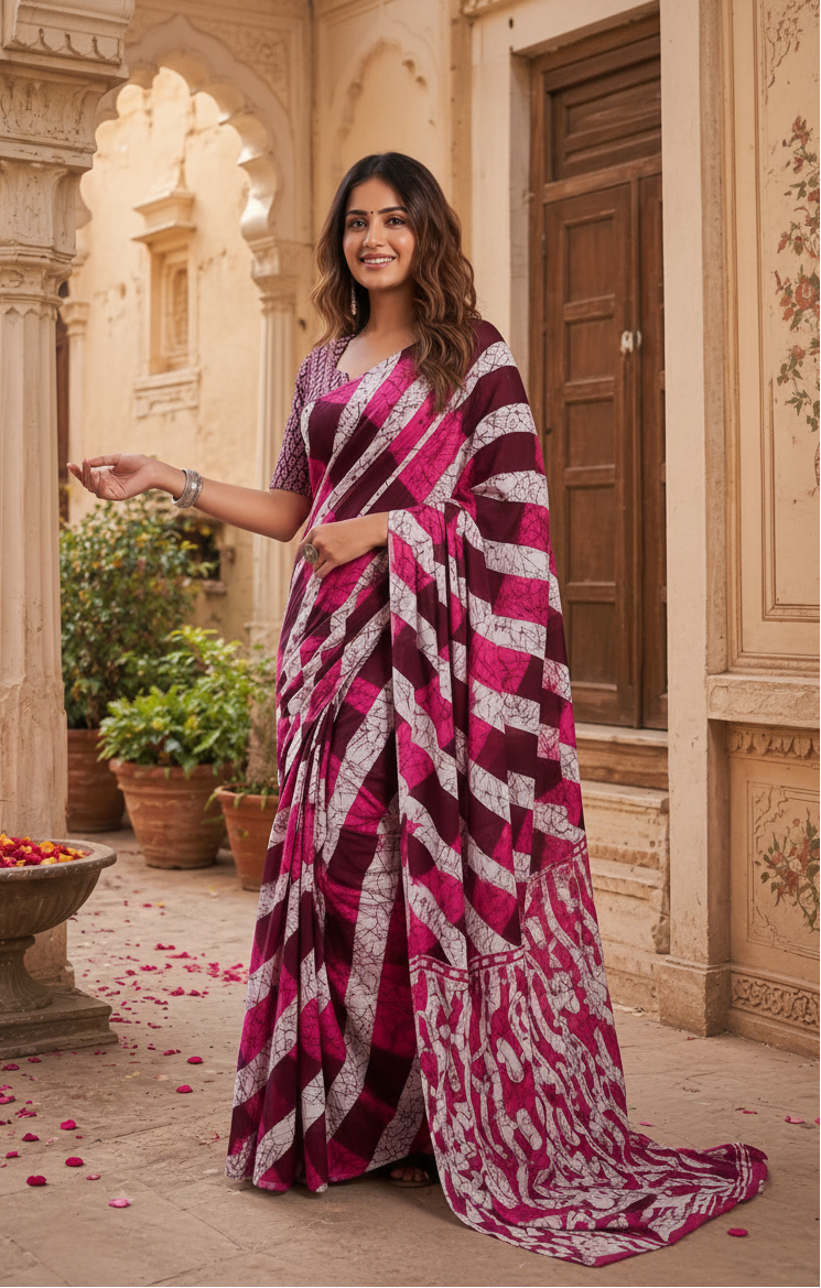Mulmul Cotton Batik Hand Block Printed Saree With Unstitched Blouse(Pink)