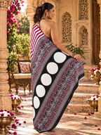 Satin Silk Ajrakh Printed Saree With Unstitched Blouse(Red)