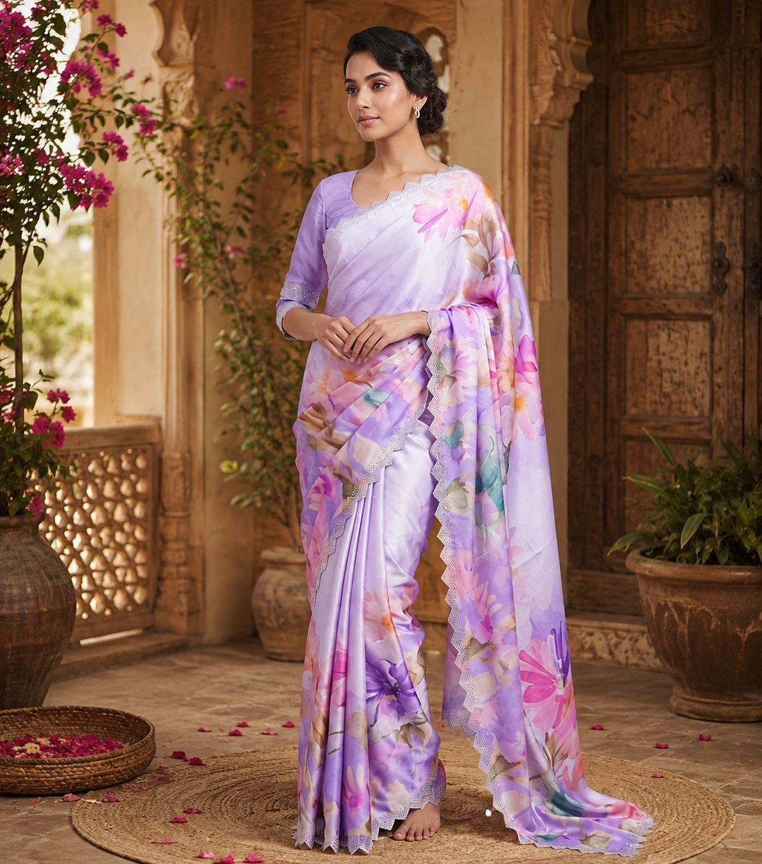 Pure Maheshwari Silk Diamond Cut Work With Unstitched Blouse(Lavender)